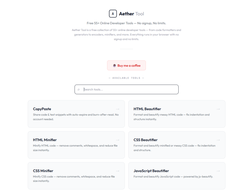 Aether Tool homepage dashboard featuring 55+ free online developer tools including HTML/CSS beautifiers and minifiers.